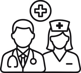 Black and White Vector Line Art Logo of Doctor and Nurse – Minimal Medical Staff Icon for Healthcare and Hospital Branding