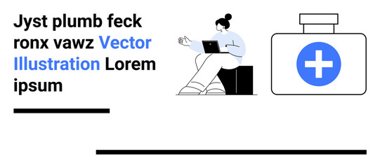 Individual focused on laptop, sitting beside a first aid kit with a prominent health cross. Ideal for remote work, healthcare, safety, health access, casual work environments, productivity, simple