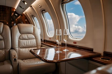 Luxurious Private Jet Interior with Sunset Cloud View