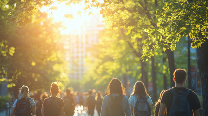 Beautiful blurred background of students walking on the university campus with trees and buildings in sunlight, summertime