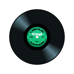 Long play vinyl record with green paper label isolated on white background.
