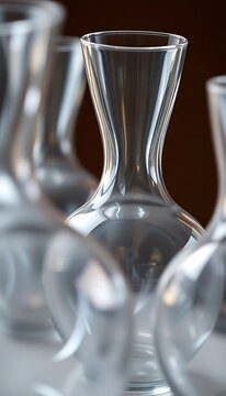 group of glass vases sitting on top of a table