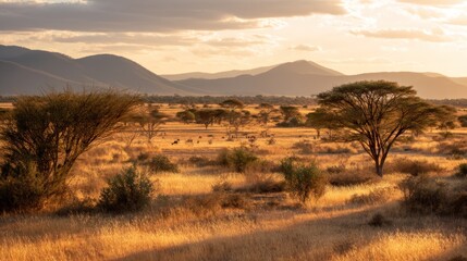 Fototapeta premium Golden Hour in the African Savanna: A Serene Sunset Landscape
