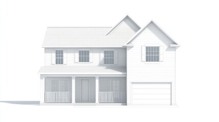 Architectural rendering of a two-story house, showcasing a classic design with a garage and porch.
