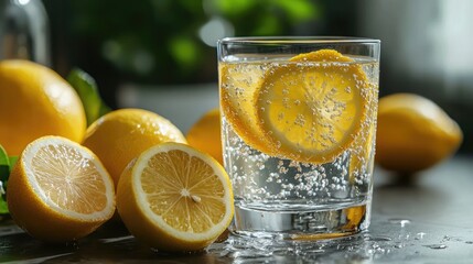 A refreshing glass of sparkling water with lemon slices and whole lemons on a dark surface