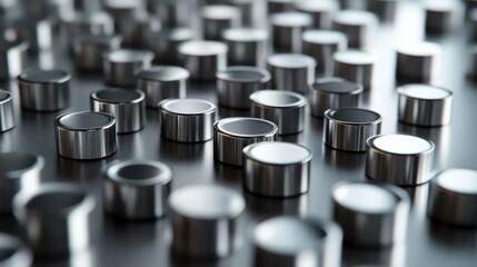 Strong neodymium magnets in various sizes and shapes lie scattered on a reflective metal surface, showcasing their powerful attraction and versatility in industrial applications.
