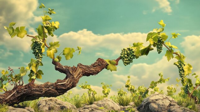 Bud Break in Vineyard. Vintage Wine Grapes and Leaves growing in Spring