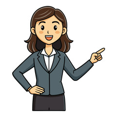 Business woman pointing finger at something. Happy face. Hand drawn style vector design illustrations. 