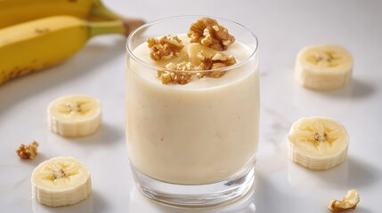 Health-focused banana smoothie with walnuts and fresh banana rounds, natural lighting setup
