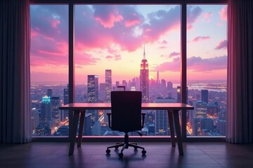 Empty chair at desk facing window, overlooking cityscape , shadow, peaceful