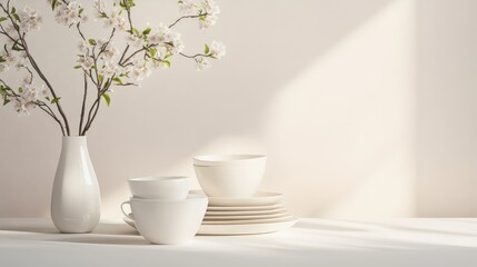 Perfectly clean dishware on neutral table surface, subtle shine and soft shadows