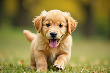 Golden Retriever puppy, playful pose, ears up , pet portrait, puppy dog