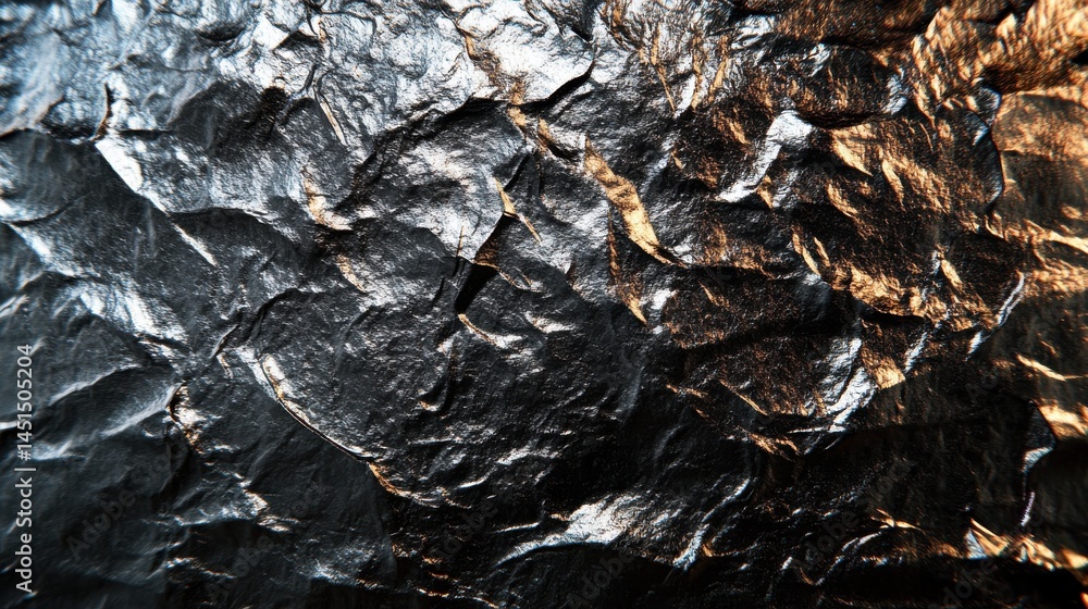 Poster shiny black foil background with textured uneven surface and illuminated highlights, abstract