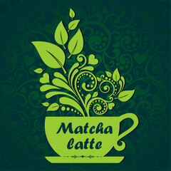Cup of matcha latte. Restaurant menu.  Vector illustration.