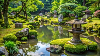 Naklejka premium serene landscape of a dry garden with stone lanterns and moss-covered rocks surrounding a tranquil pond , calm