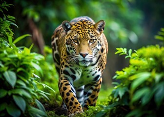 Obraz premium Majestic Jaguar in Lush Forest: Tilt-Shift Photography, Spotted Cat, Wildlife, Amazon Rainforest