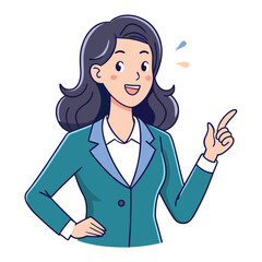 Business woman pointing finger at something. Happy face. Hand drawn style vector design illustrations. 