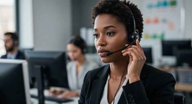 A focused woman with headset working in a busy office environment with other colleagues around her