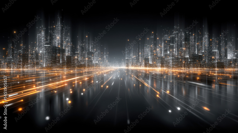 Poster glowing data lines severed and redirected in a digital cityscape during a cyber attack on a major or
