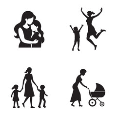 Mother Walking, Jumping, Sitting, Tying Shoes Silhouettes