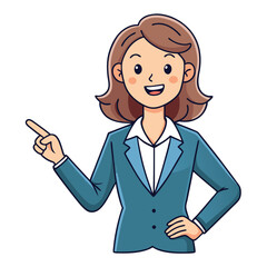 Business woman pointing finger at something. Happy face. Hand drawn style vector design illustrations. 