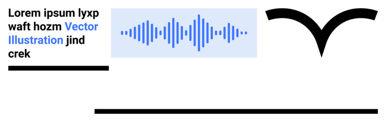 Blue soundwave graphic alongside placeholder text layout and abstract black shapes. Ideal for audio branding, minimal design, tech concepts, creative projects, sound analysis, modern art, simple