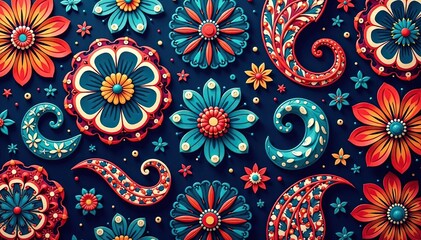 Intricate paisley floral pattern in vibrant hues, paisley, color