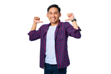 Cheerful young Asian man in plaid shirt pointing at herself with proud isolated on transparent background