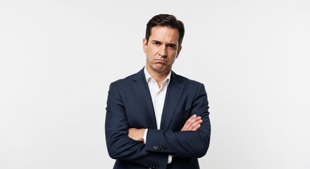 Fototapeta premium Man in suit with arms crossed and a displeased expression against a plain white background looking forward