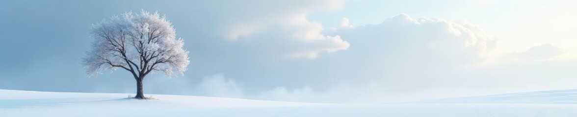 Single tree dominates the snow-covered landscape, bare branches, frosty, frost