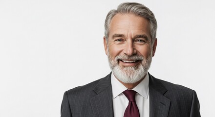 Portrait of a smiling mature man with gray hair and beard wearing a suit and tie on white background