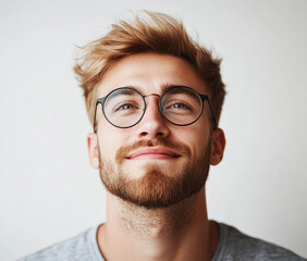 Close-up of a man wearing glasses on a white background, a man wearing glasses looks up