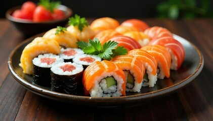 Sushi platter, various rolls, elegant arrangement , food photography, seafood, japan