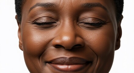 Close up of a smiling dark skinned woman with eyes closed against a white studio background portrait