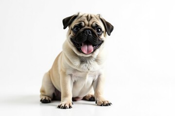 Obraz premium Adorable pug dog sits, isolated on white background, domestic animal, companion, friendly