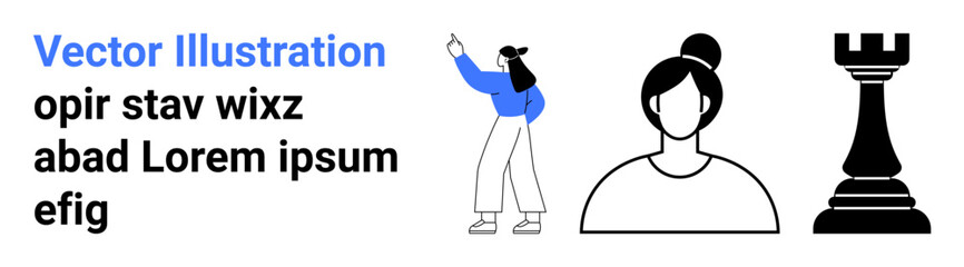 Woman in blue pointing upward, simple head portrait, black chess rook. Ideal for strategy, leadership, education, decision-making, teamwork, profile representation simple landing page