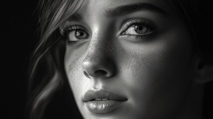 Fototapeta premium Intense black and white portrait of a young woman showcasing striking features and deep gaze in soft lighting