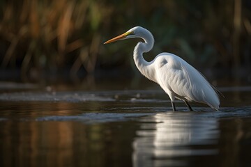 Naklejka premium A great egret standing in shallow water with a blurred background in a natural setting outdoors