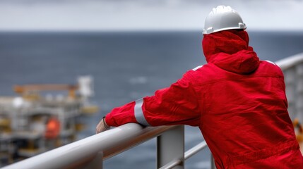 Worker on offshore platform observes the ocean