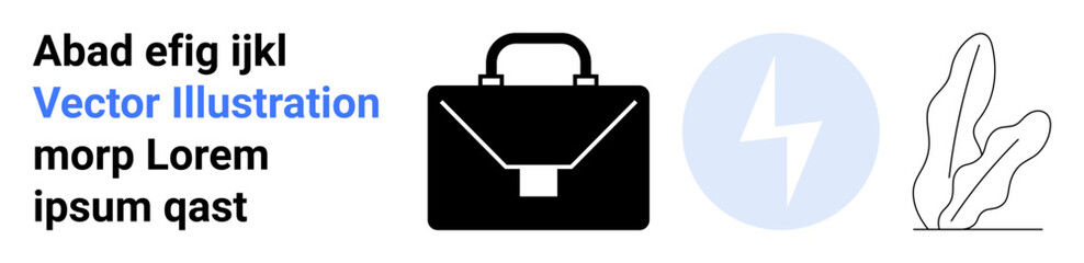 Black briefcase, blue energy bolt symbol, abstract plant lines, and placeholder text. Ideal for business, technology, nature, finance, creativity corporate branding and simple landing page