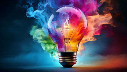 A glowing lightbulb surrounded by vivid swirls of colored smoke symbolizes creativity, imagination, and inspiration. The image fuses art with innovation.