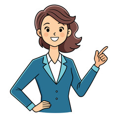 Business woman pointing finger at something. Happy face. Hand drawn style vector design illustrations. 
