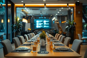 Clean modern meeting room depicting a comprehensive business process automation seminar with smart tech displays and engaged professionals Efficient tech modern