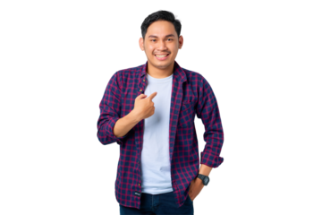 Cheerful young Asian man in plaid shirt pointing at herself with proud isolated on transparent background