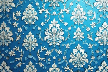 Intricate floral damask wallpaper, white on blue, shabby chic, surface, floral