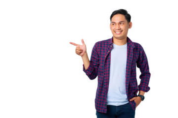 Cheerful young Asian man in plaid shirt pointing fingers at copy space, advertisement banner isolated on transparent background