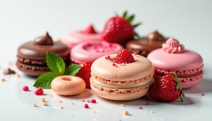 Fototapeta premium Assorted pastries, macarons, chocolate on pristine white , foodie, minimal, food photography
