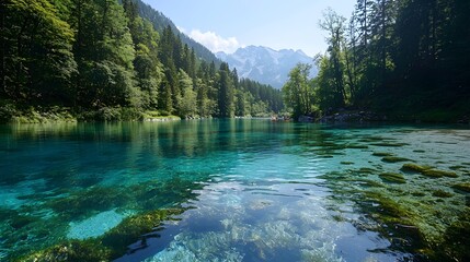 Serene Mountain Lake Surrounded by Lush Green Forests and Peaks