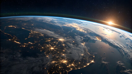 Obraz premium Panoramic view on planet Earth globe from space. Sunrise over earth from space showing Europe and Africa