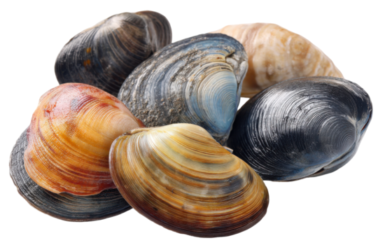 Clam assortment closeup isolated on transparent png background